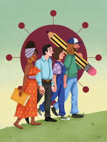 Four people holding hands and moving forward together.