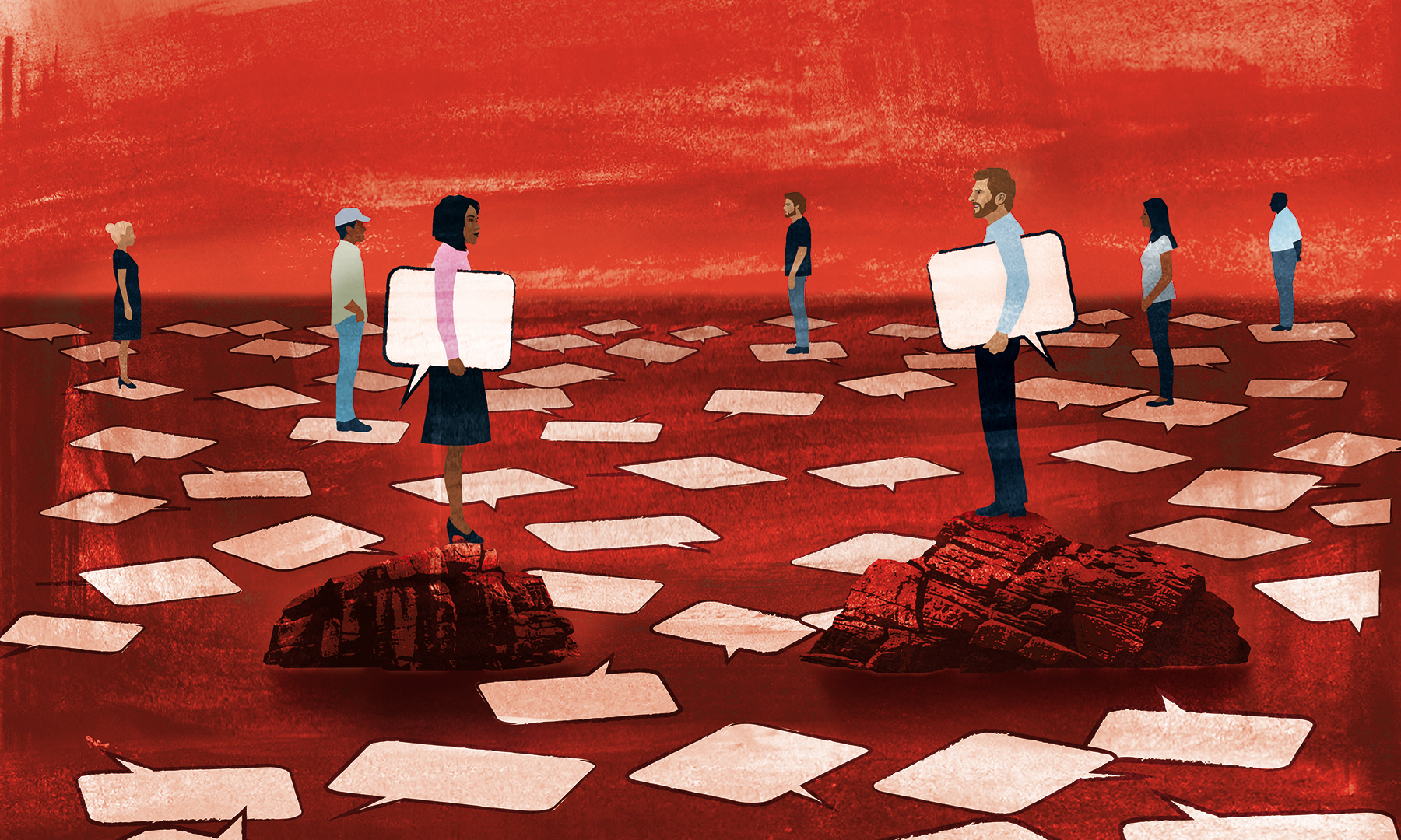 Illustration of group of diverse people with dialogue boxes facing one another.