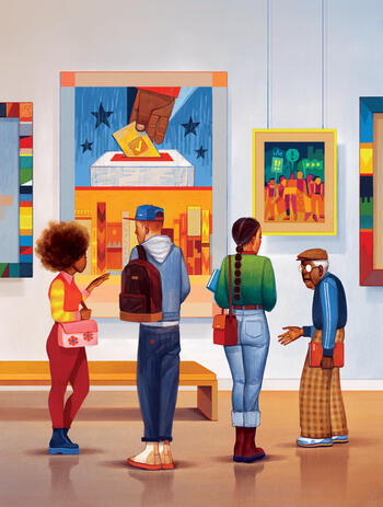 Group of diverse people observing and discussing art representing justice issues.