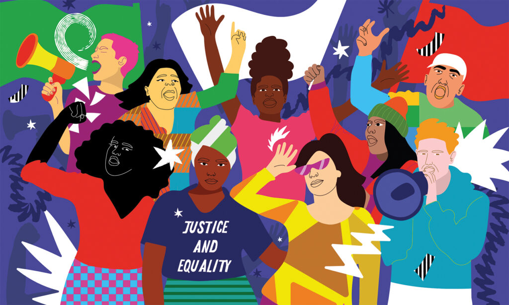 Illustration of a group of diverse individuals protesting for justice