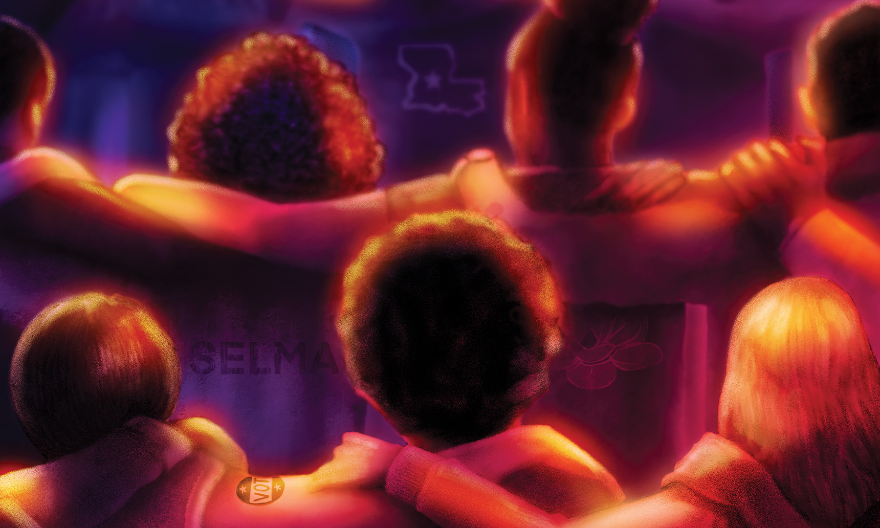 Magazine Cover illustration by Matt Williams-image of group of people with hands on one another