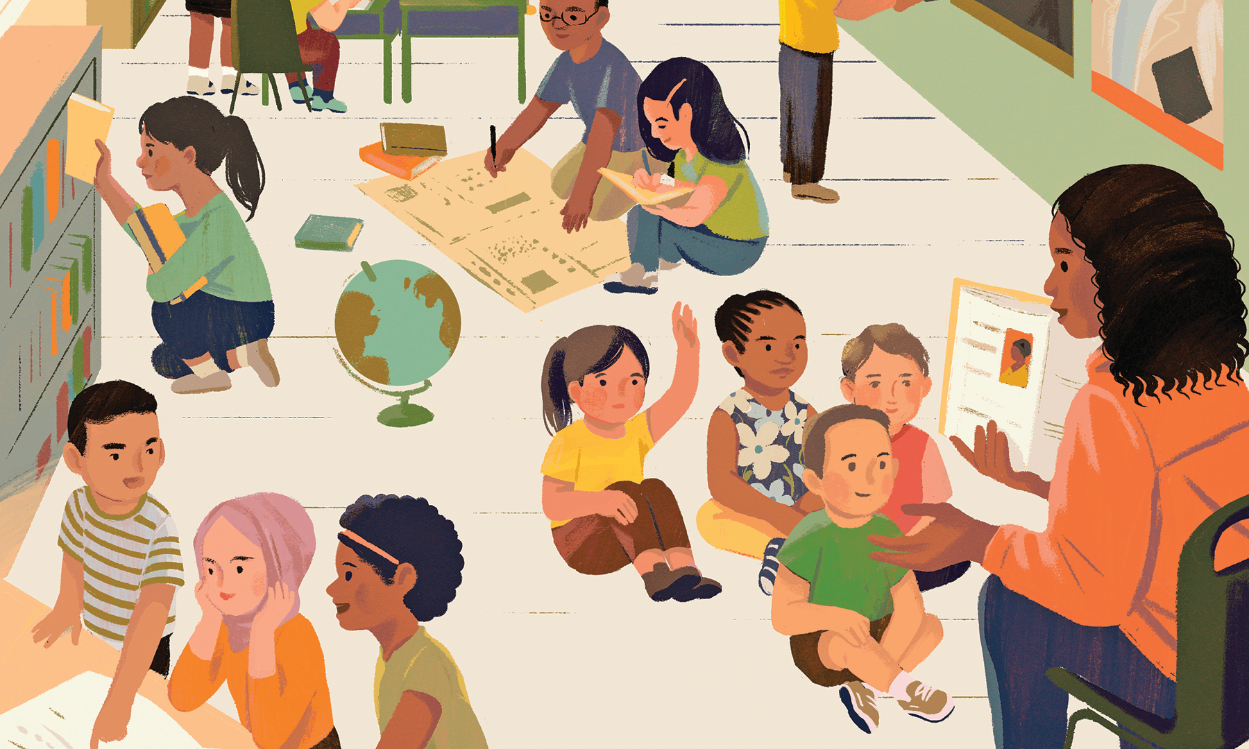 An educator reads a book to several young students. Other students explore texts and one student puts a book back on a shelf.