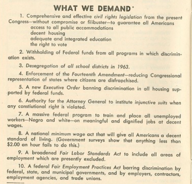Image of original What We Demand section of March on Washington Organizing Manual