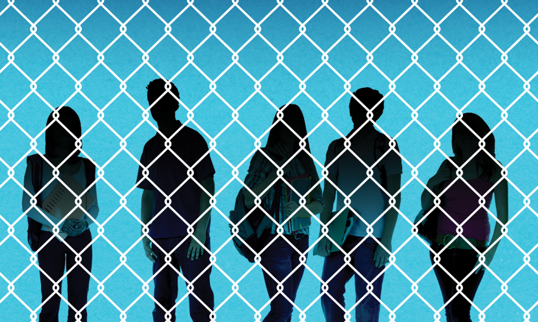 Silhouettes of children behind a chainlink fence.