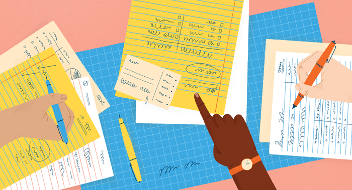 Illustration of hands pointing at plans and notes