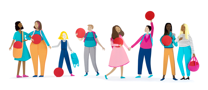 Illustration of people holding red periods and each others