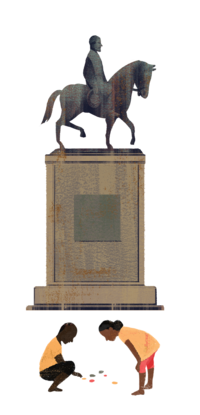 Illustration of two young people of color gathered together in front of a statue depicting someone atop a horse.