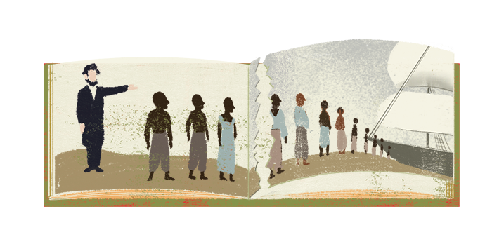 Illustration of a book with Abraham Lincoln pointing to the right as people of color line up and face a ship. The page featuring the ship is torn from the book.