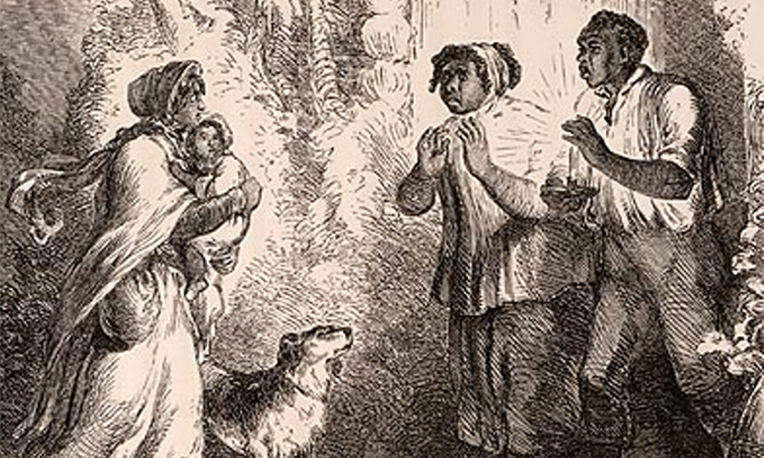 illustration from the book Uncle Tom's Cabin — Eliza, holding her baby, comes to tell Uncle Tom he is sold