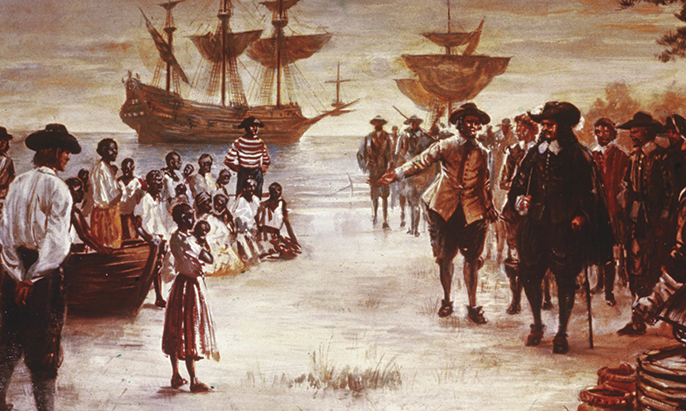Engraving showing the arrival of a Dutch slave ship with a group of African slaves for sale, Jamestown, Virginia, 1619