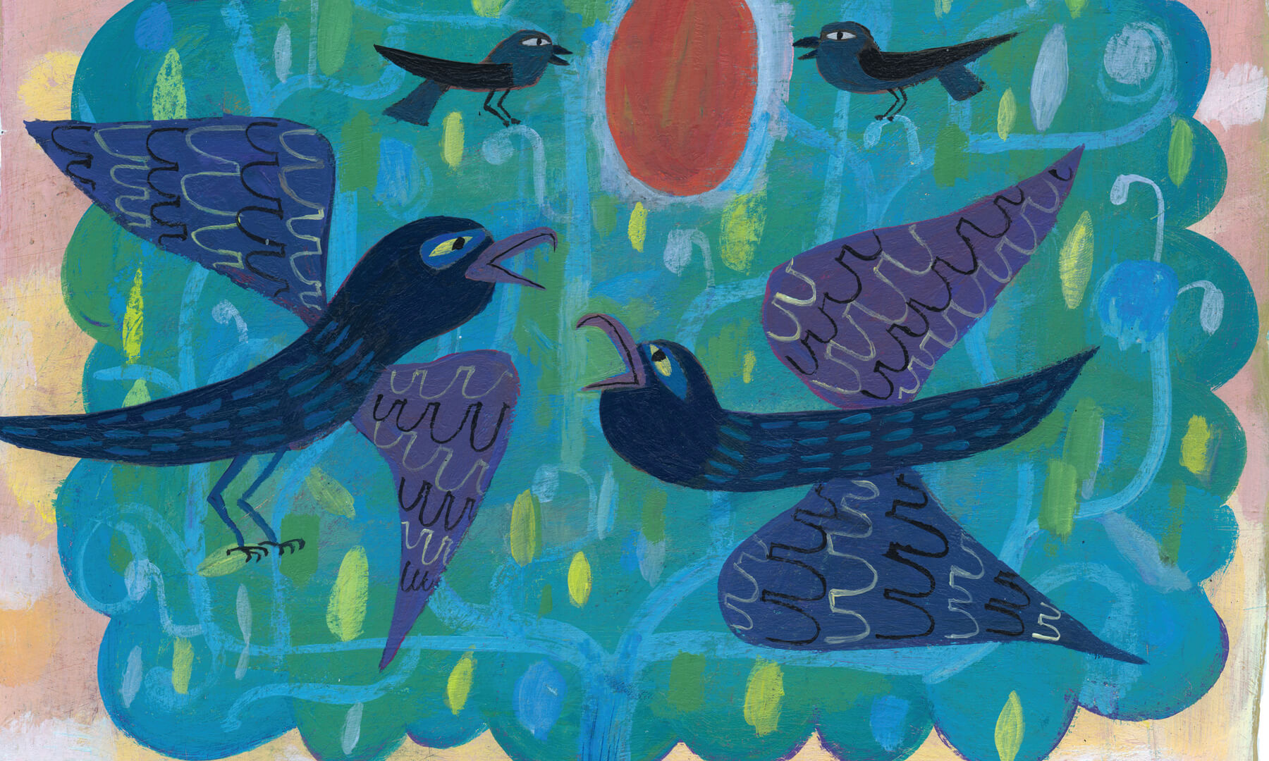 Teaching Tolerance illustration of blue birds flying around a ripe mango on top of the tree 