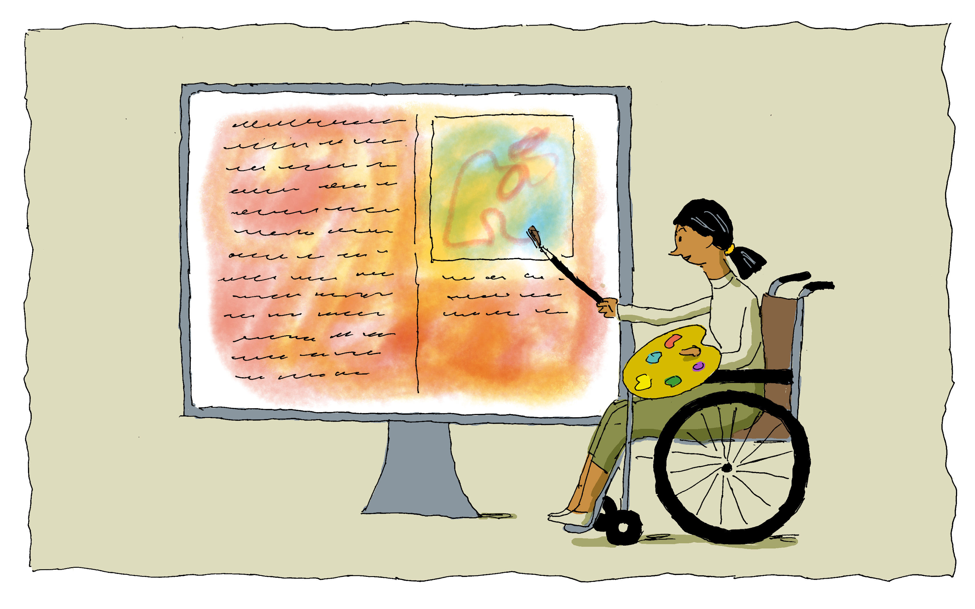 student painting computer screen