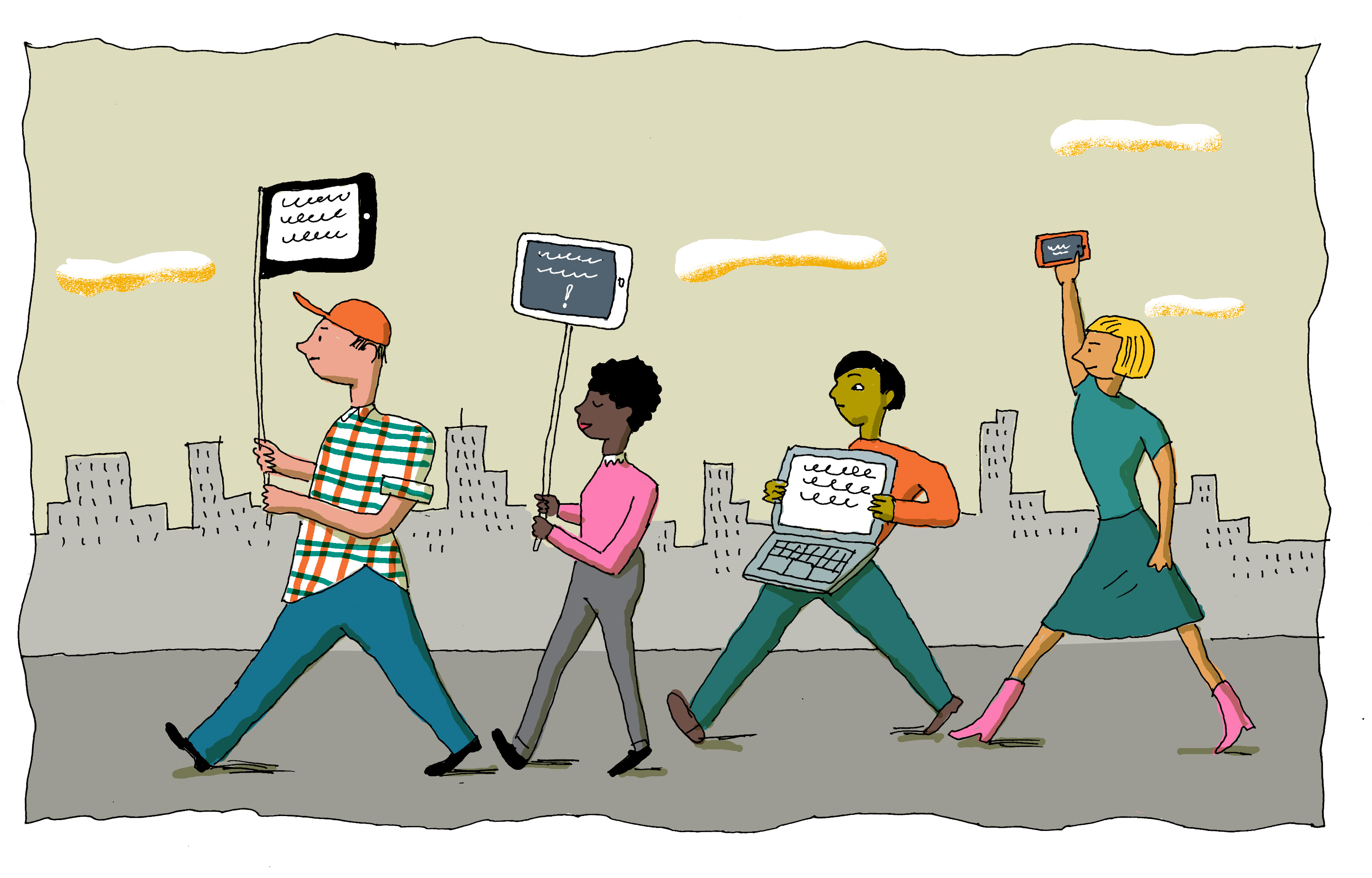 four people rally with laptop, cell phone, tablet