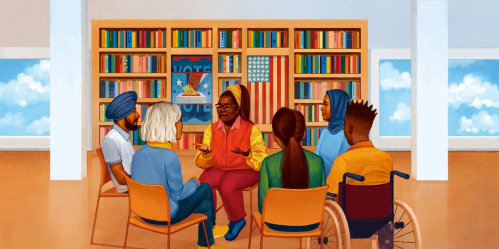 illustration of a teacher in a library surrounded by students