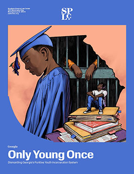 Profile of a Black student next to a jail cell. Another student is sitting on a pile of books.