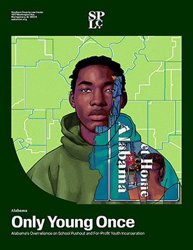 a Black teenager in front of a map of Alabama