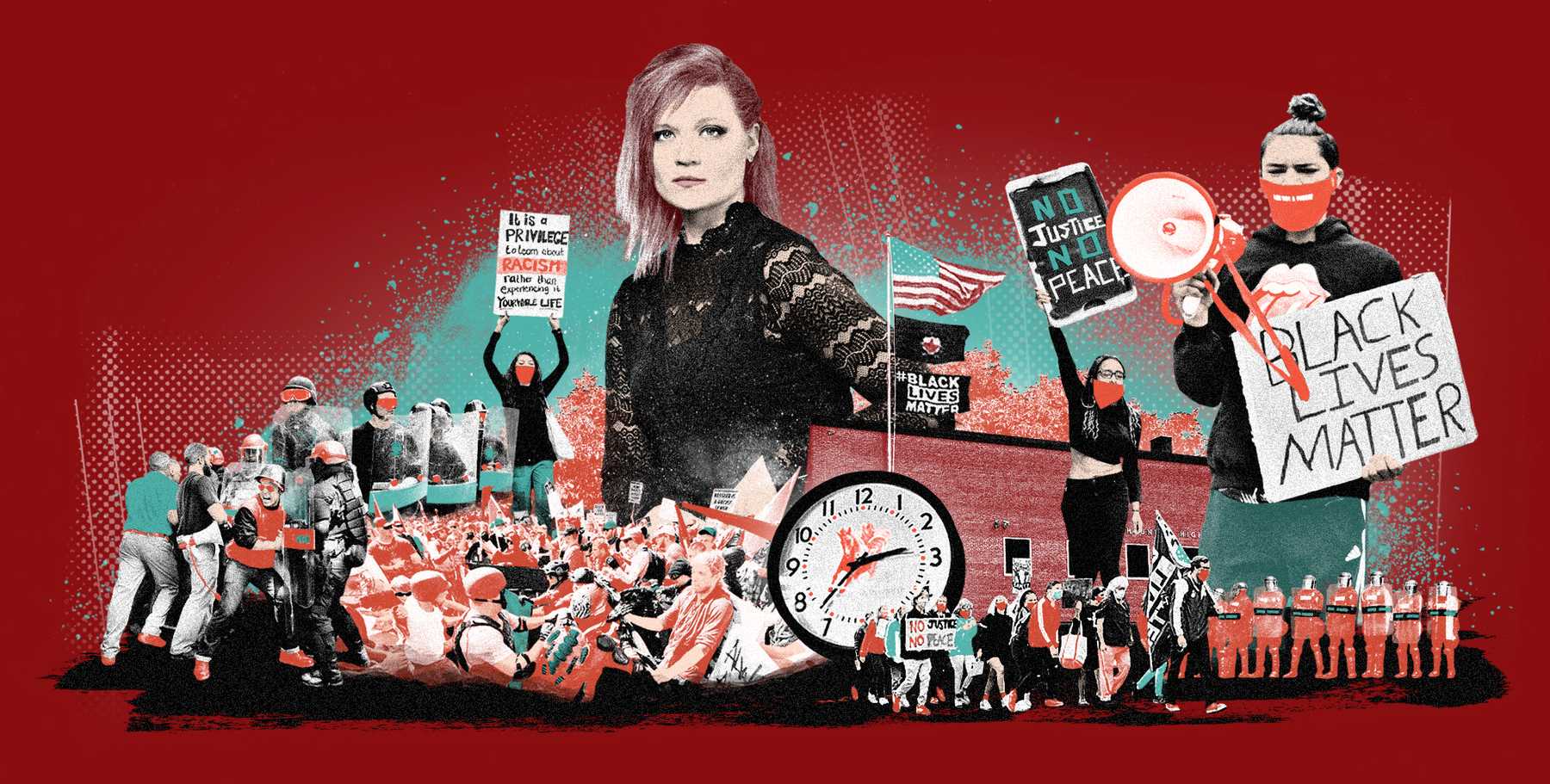 Collage of protesters and police.