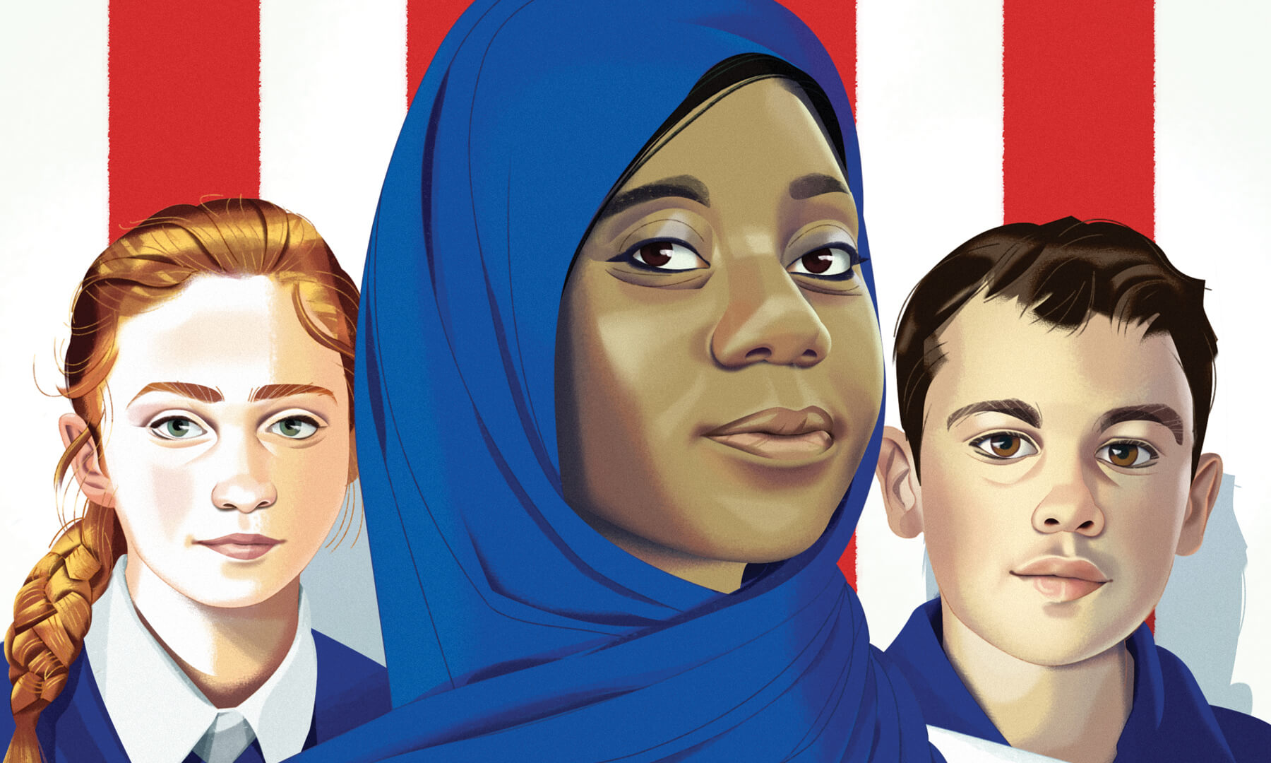 Teaching Tolerance illustration of three multicultural students in front of US flag