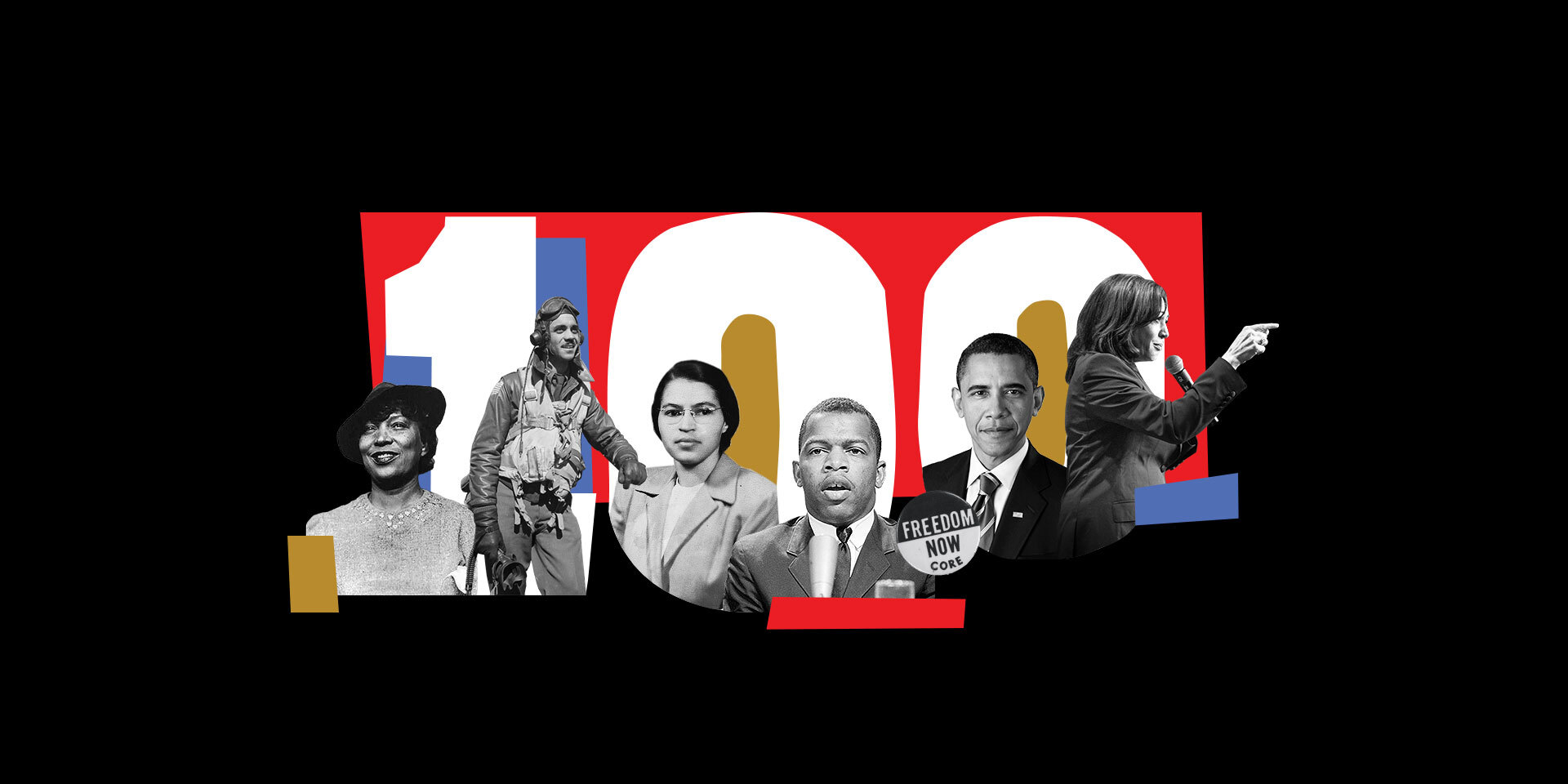Grayscale photos of famous Black people in front of the number 100