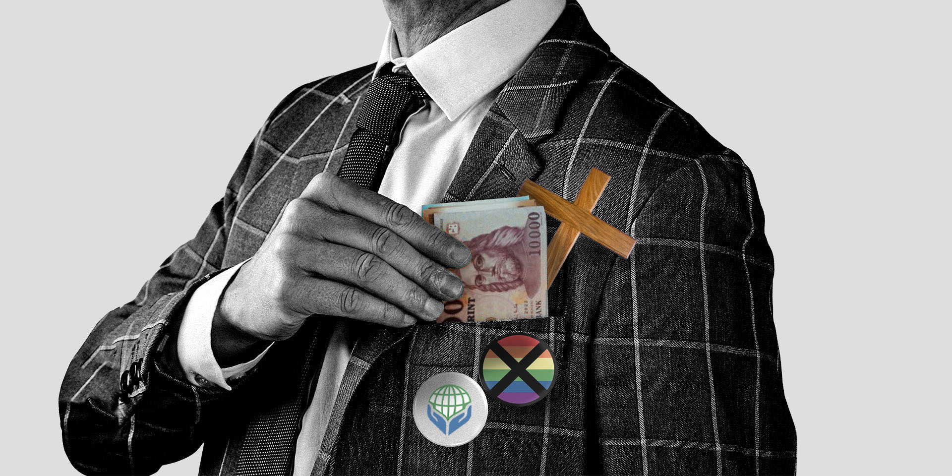 Person in windowpane check pattern suit adorned with Christian and anti-LGBTQ+ items at the lapel pocket.