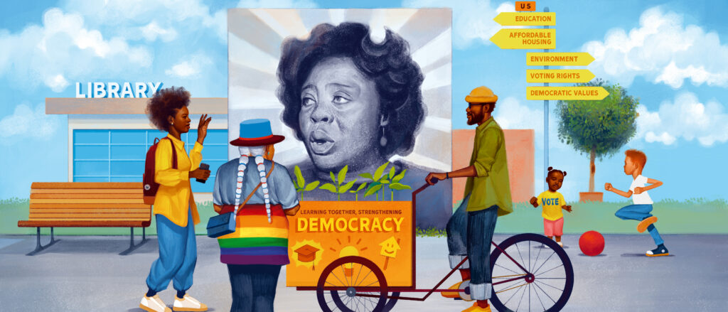 Illustration in vibrant colors of an outdoor setting with a with children and adults with directional signs to values points.