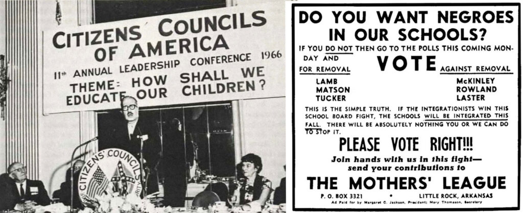 Side-by-side image of gathering under banner along a newspaper-type advertisement clipping with meeting information.