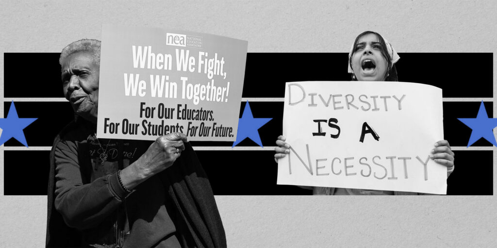 Grayscale images of people holding protest signs with an overlay of stars and stripes symbolizing the US flag.