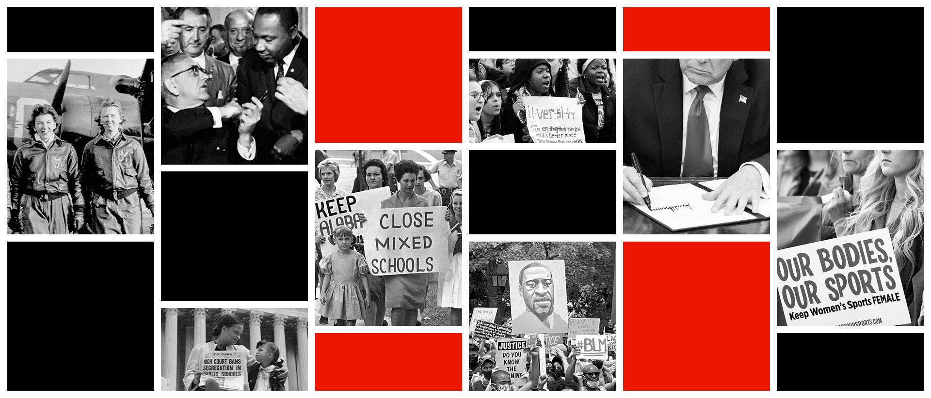 Grayscale image blocks on a charted collage over a dark background.