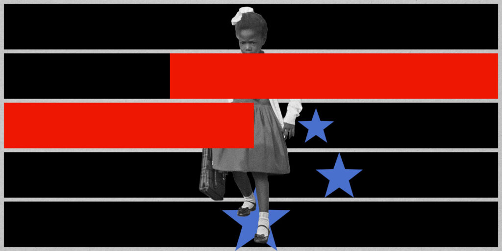 Grayscale image of child stepping down staircase behind stars and stripes symbolizing US flag.