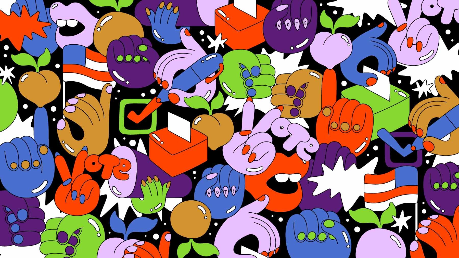 Vibrant voting icons in a collage.