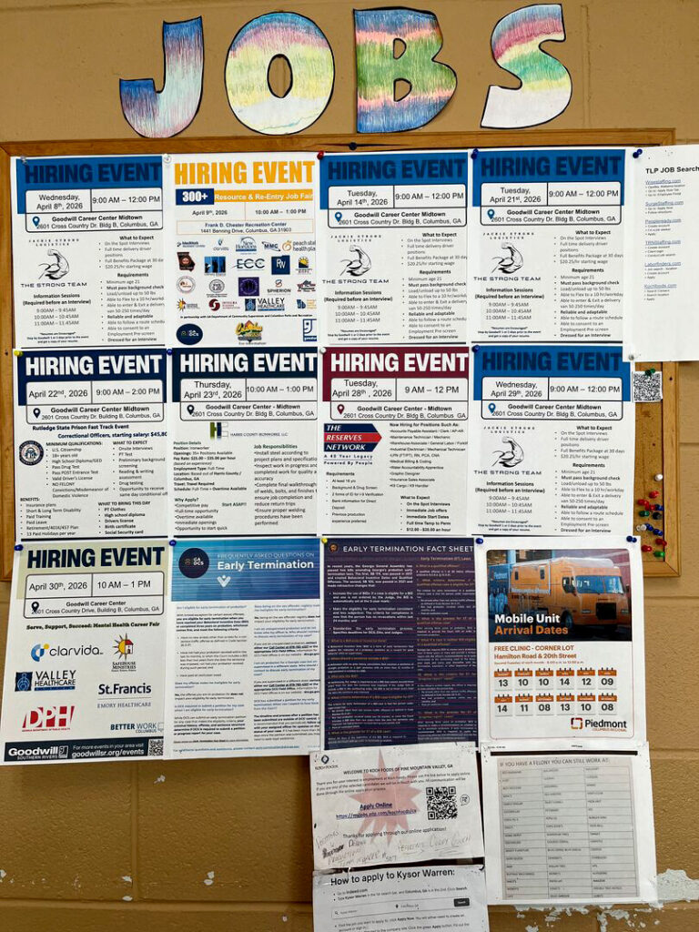 Bulletin board with postings under a banner labeled “Jobs.”