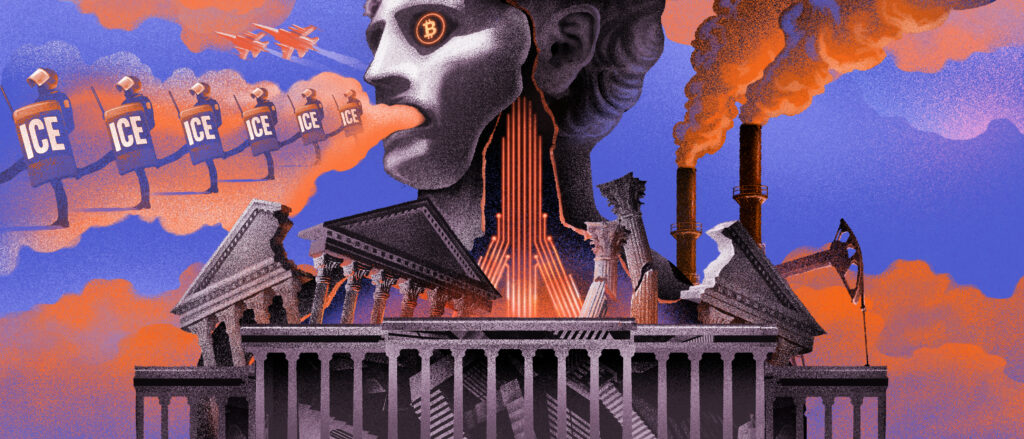 Illustration of crumbling structured powering up smokestacks and armed patrols with shields.