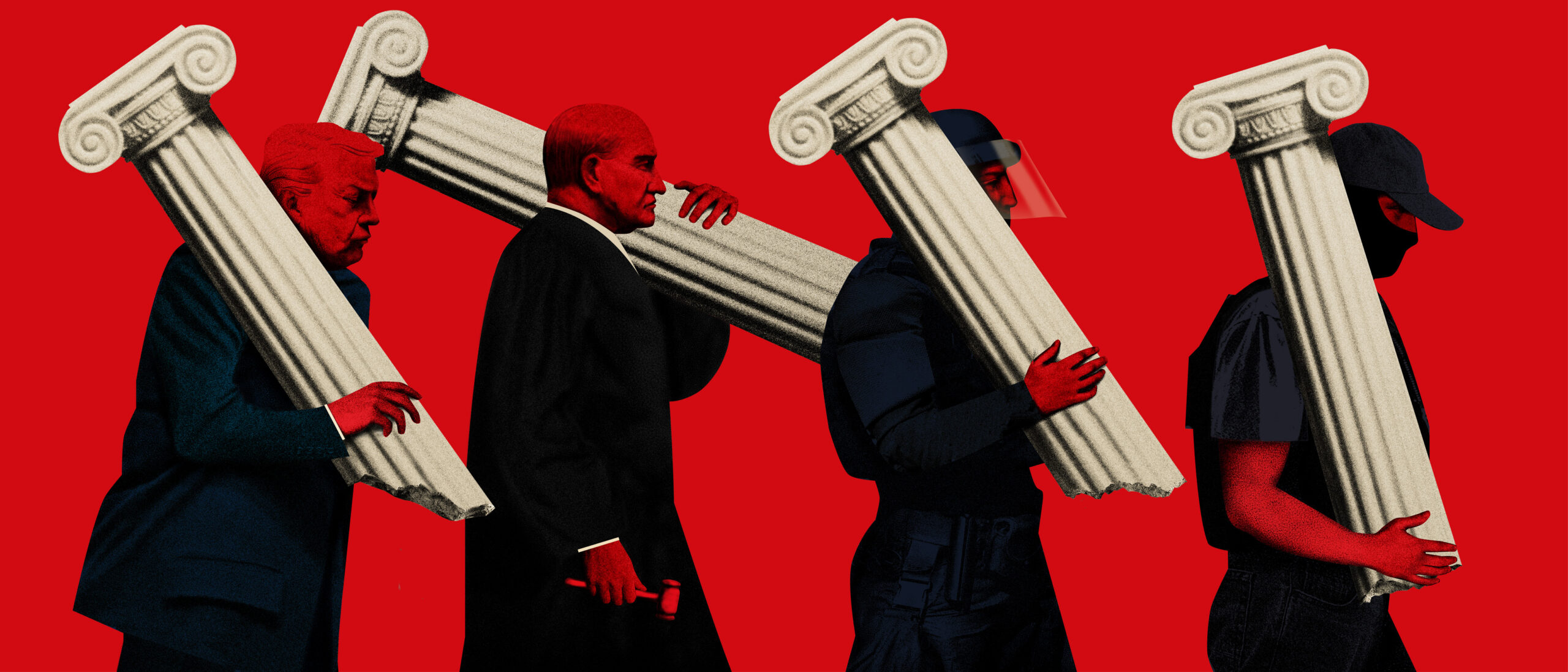 Illustration of four figures carrying crumbling pillars over a vibrant background.