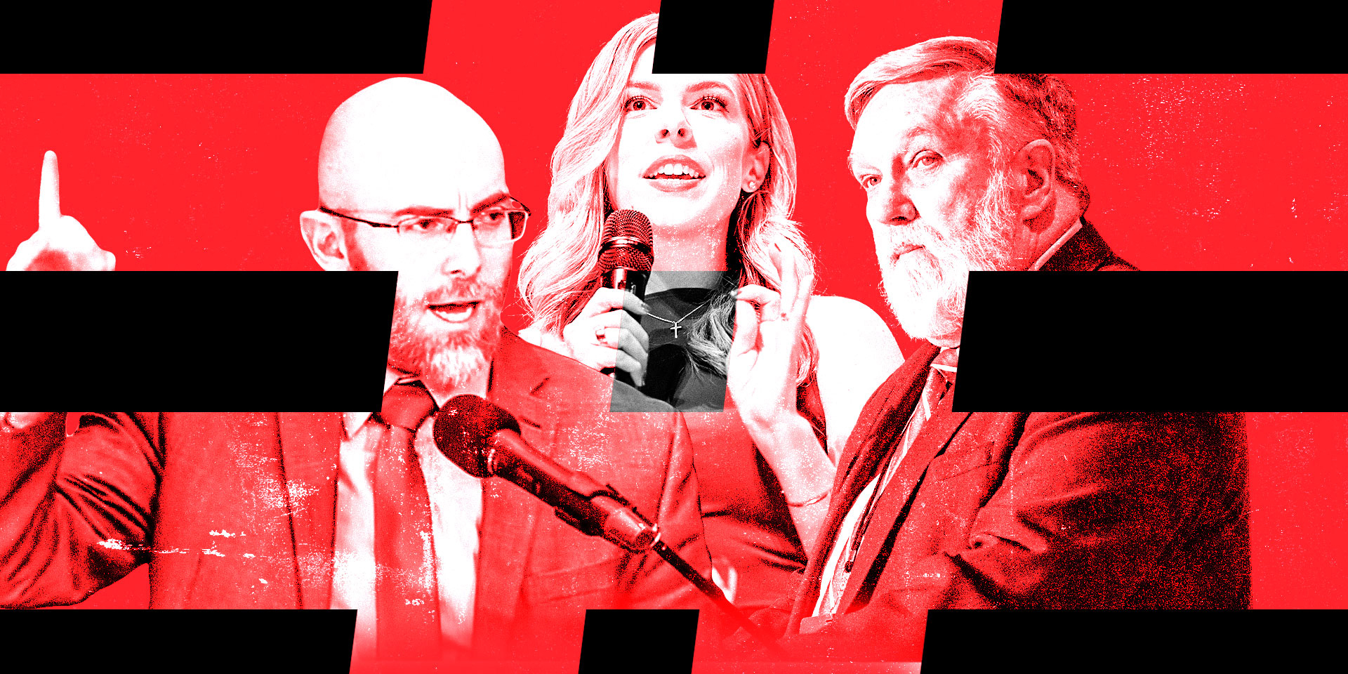 Collage of portraits with lines forming a hashtag in foreground in a vibrant color.