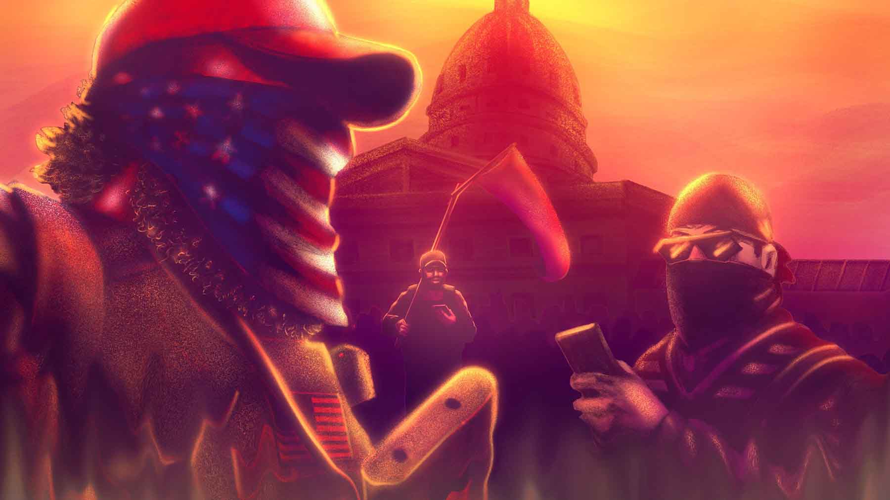 Illustration of masked people at US Capitol
