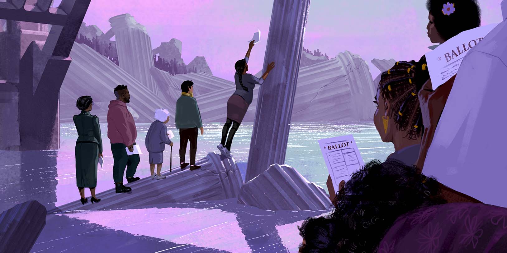 Illustration voters trying to reach ballot box out of reach