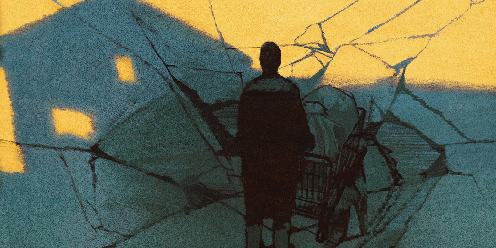 A person walks through a broken image in a house.