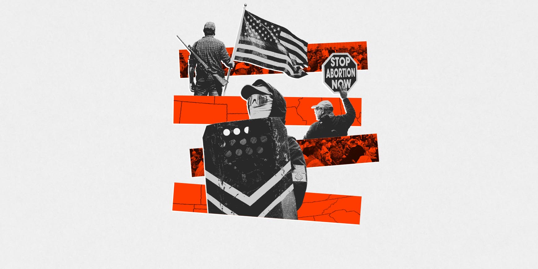 Cutout images imposed over state outlines.