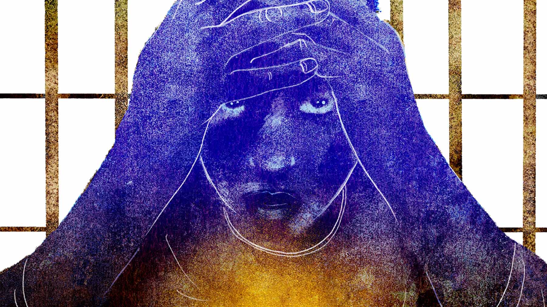 Young person holds head in foreground, prison bars in background
